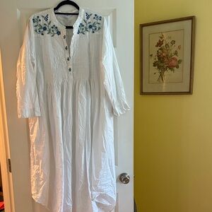 April Cornell White Dress with Blue Embroidery